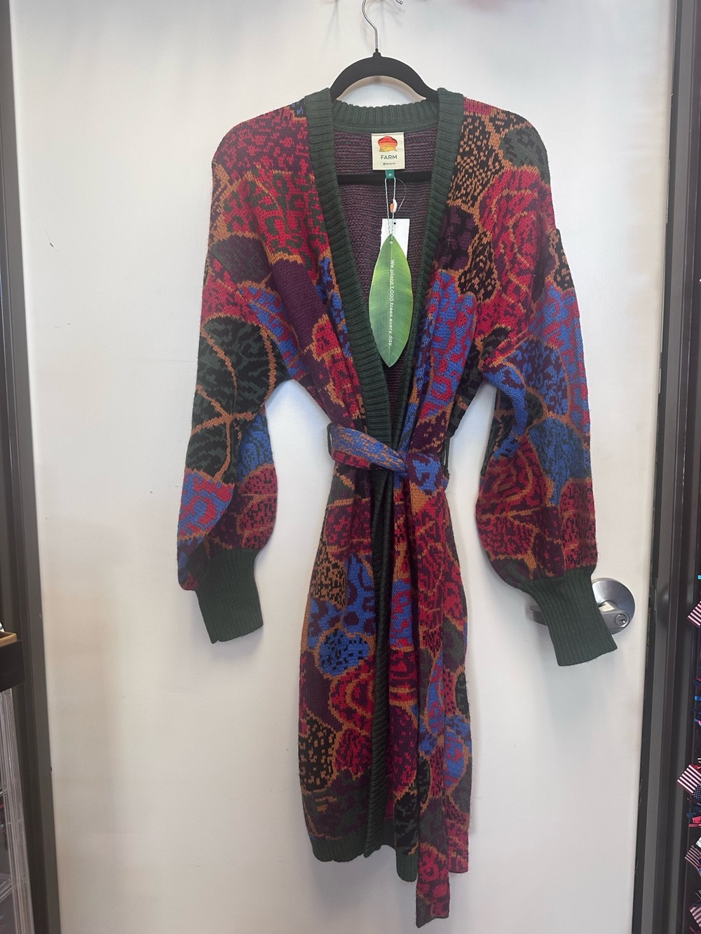 FARM Rio Multicolor Floral Knit Cardigan - Green Trim, Red, Blue & Purple